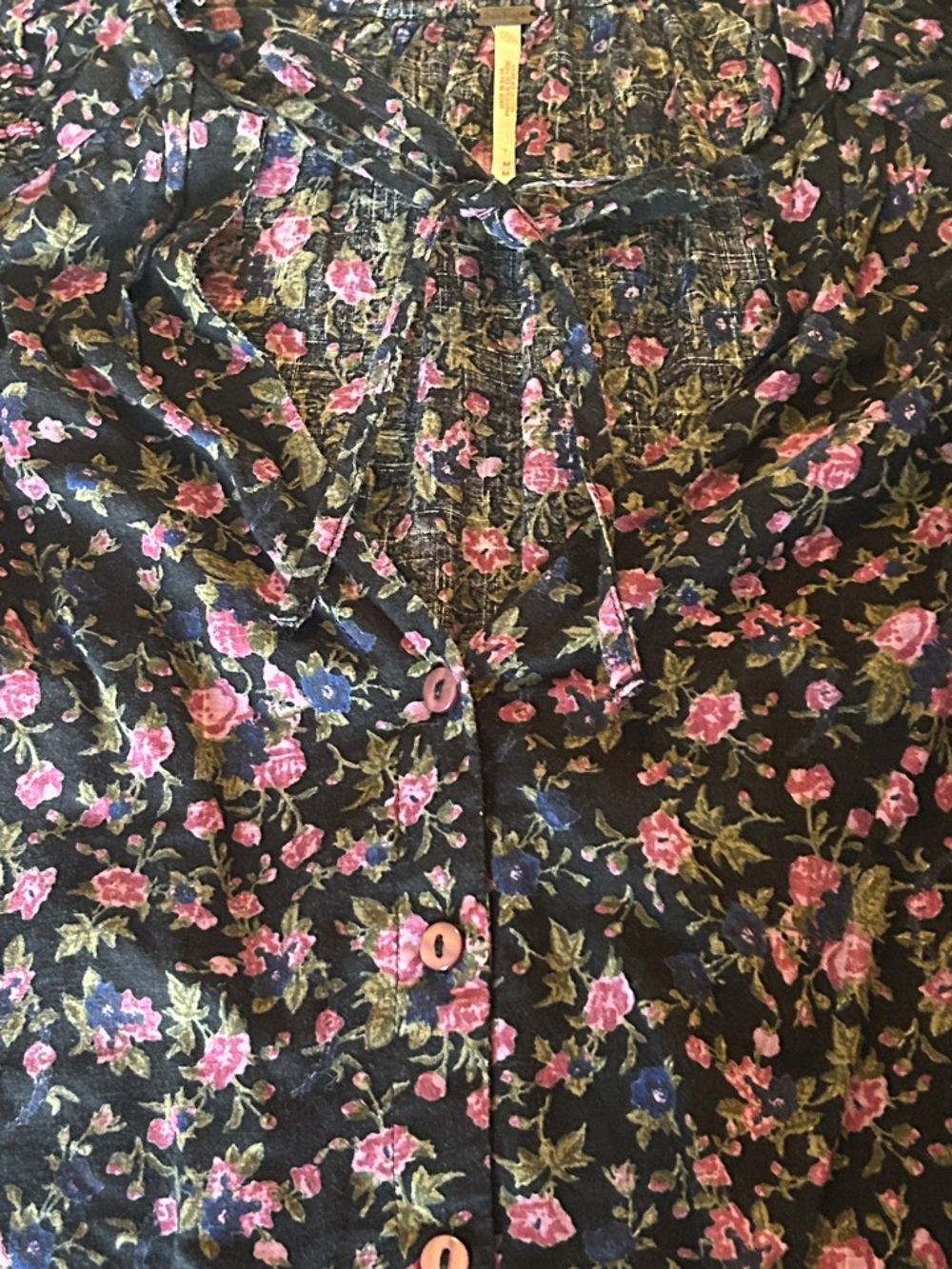 Free People Black Floral Button-Front Blouse with Pink Roses - Picture 6 of 7